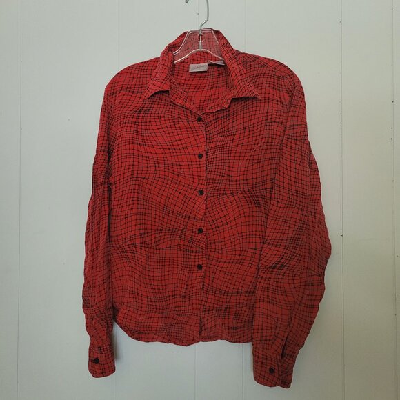 VTG Jacqueline Ferrar Red & Black 100% Silk Button-Up Shirt, Women's Size 12 - Picture 1 of 5